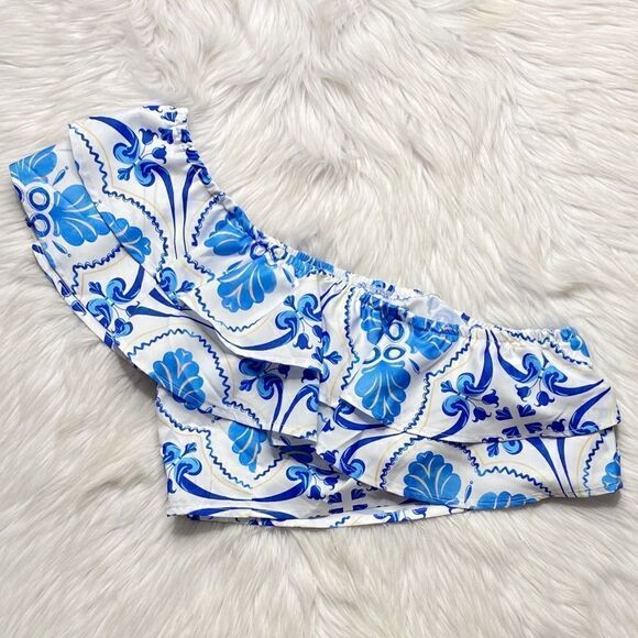 SHEIN One Shoulder Bohemian Ruffle Crop Top Blue Yellow & White Size Large - Picture 2 of 4